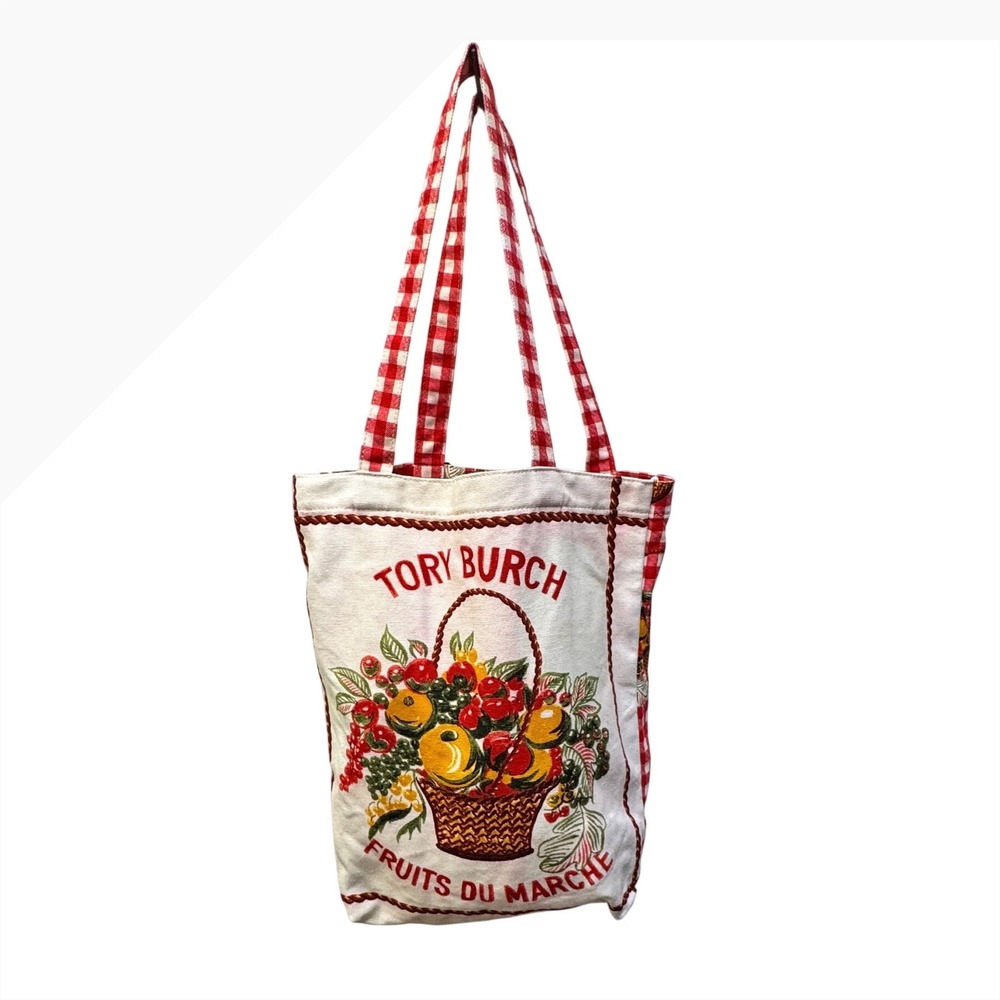 Tory Burch Fruits Du Marche Canvas Tote Bag Red Gingham French Market Bag